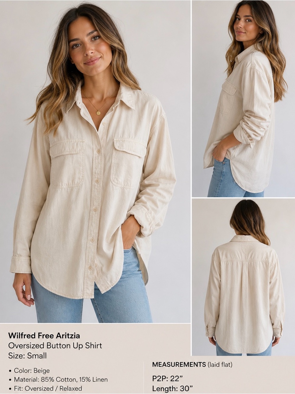 Wilfred Free Aritzia Oversized Button Up Shirt Beige Cotton Linen Size S